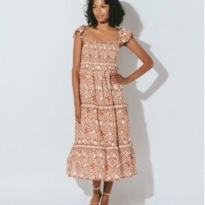 Cleobella Frida Smocked Boho Midi Dress Organic Cotton Pockets Size L